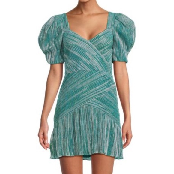 SAYLOR Nyah Mini Dress Teal Metallic Cocktail Puff Sleeves NWT - Picture 1 of 12
